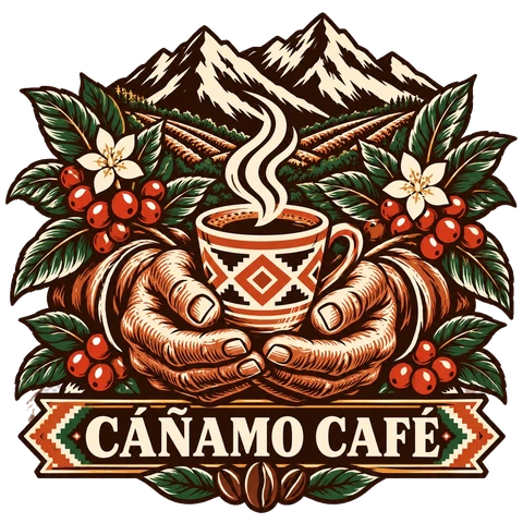Cáñamo Café artwork with hands holding Colombian coffee, mountains, and coffee plants